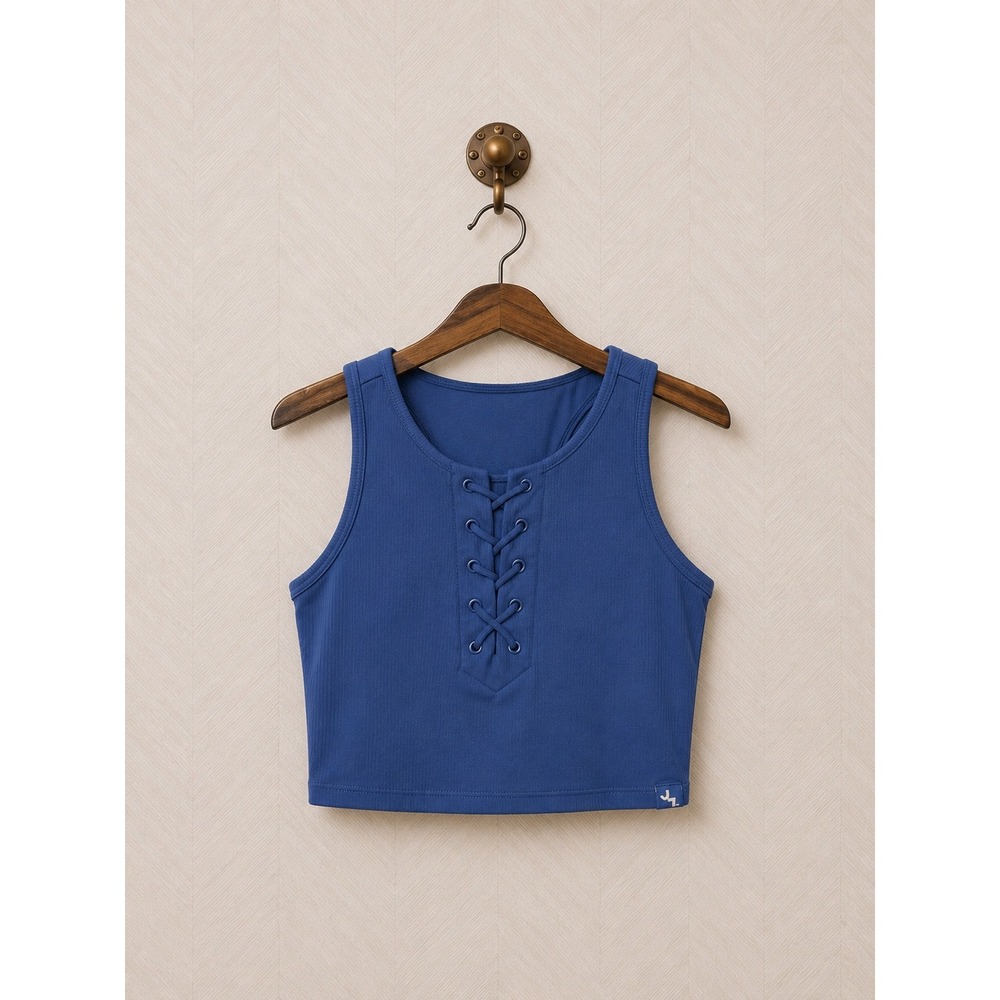 JoyLab Ribbed Lace Up Crop Tank Top Blue‎ XS NWOT